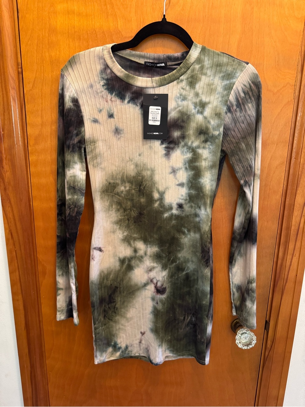 Fashion Nova Olive & Cream Tie-Dye Ribbed Long Sleeve Dress